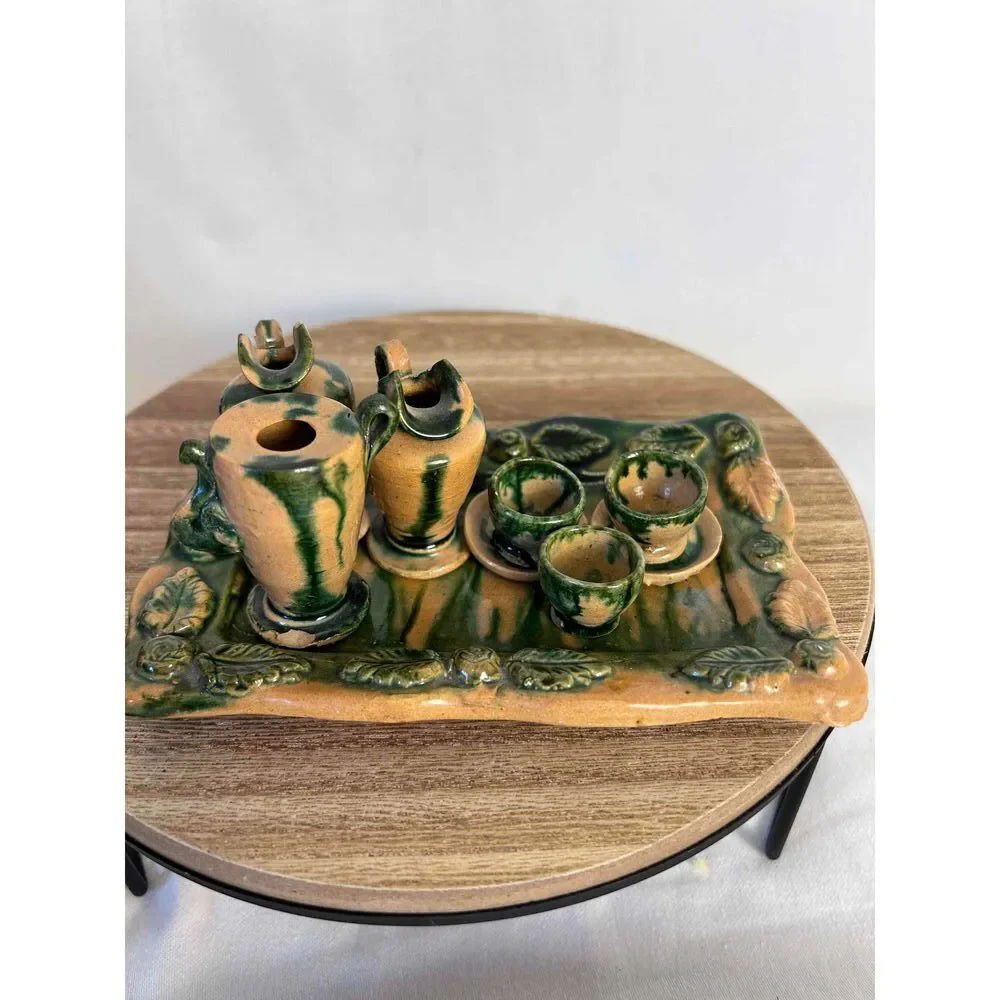 Majolica Pottery Miniature‎ Dollhouse Tea Set 9 Pieces Green Beige Rustic